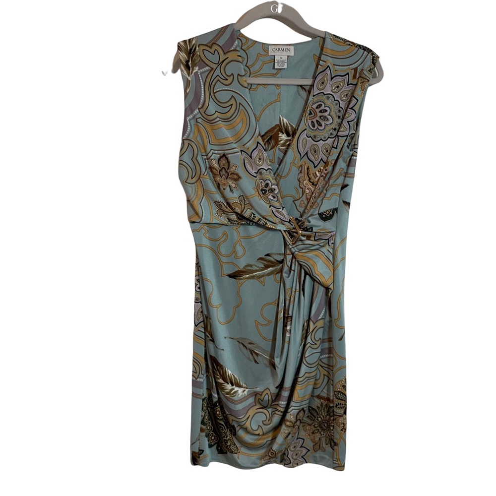 Carmen Marc Valvo Sleeveless Rouched Cocktail‎ Dress Sz M Gold Buckle Print.
